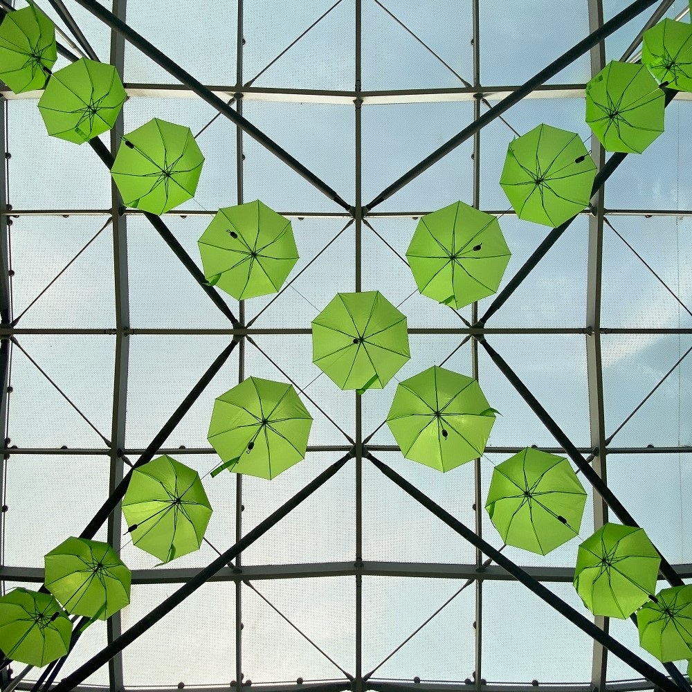 Green umbrellas on the glass roof