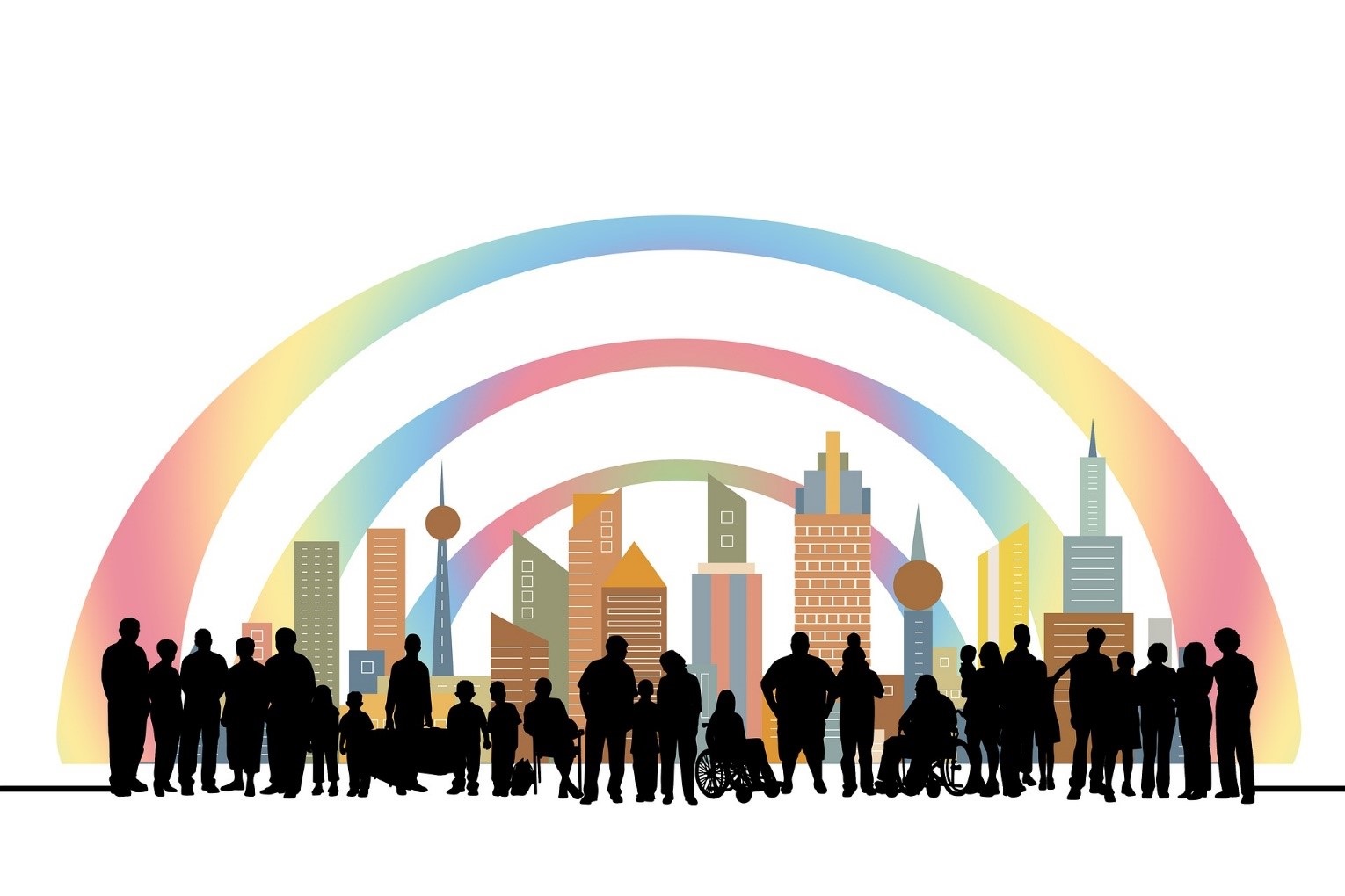 The silhouette of a city with a rainbow and a group of people