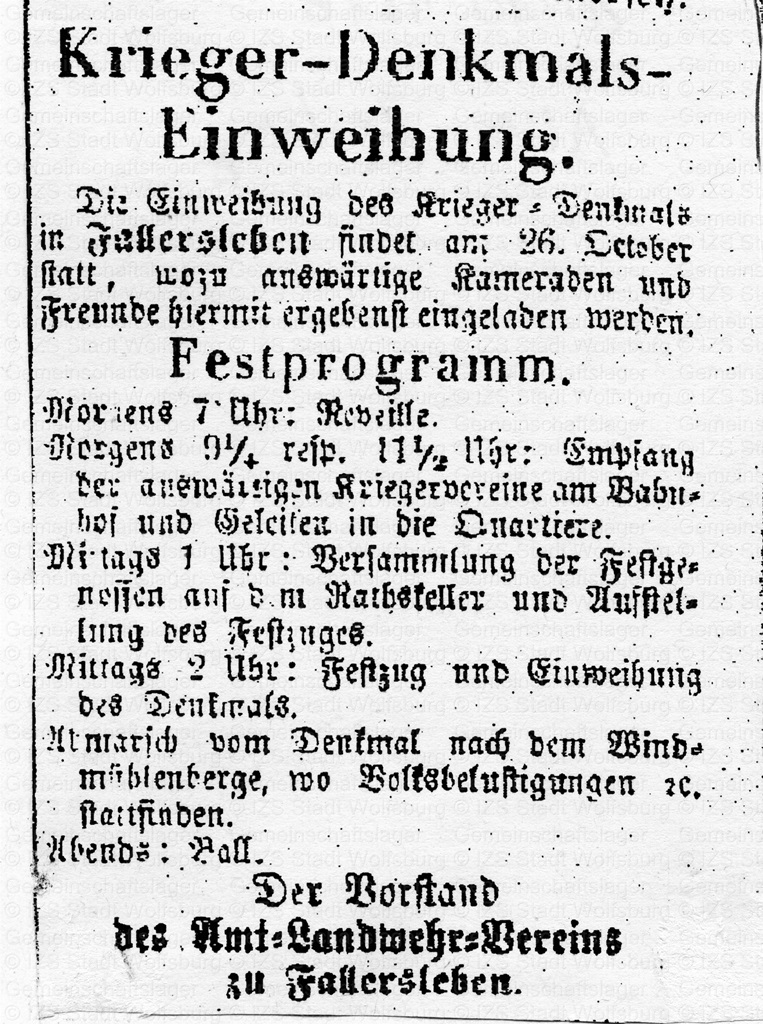 Zeitungsausschnitt zur Einweihung der Germania in Fallersleben aus Aller Zeitung vom 20. Oktober 1876