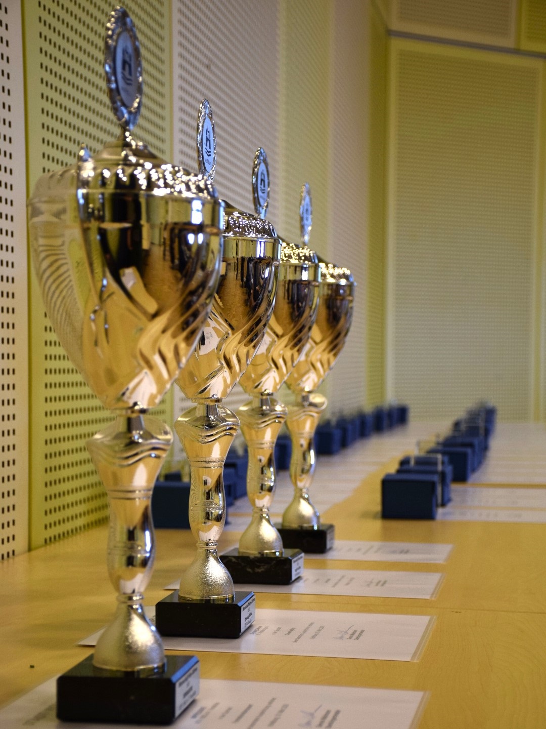 Die Pokale und Ehrengaben der diesjährigen Ehrungsveranstaltung für die jungen Wolfsburger Sporter*innen. Bildnachweis: Stadt Wolfsburg