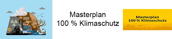 Das Logo Masterplan Klimaschutz und der Schriftzug "Masterplan - 100 % Klimaschutz