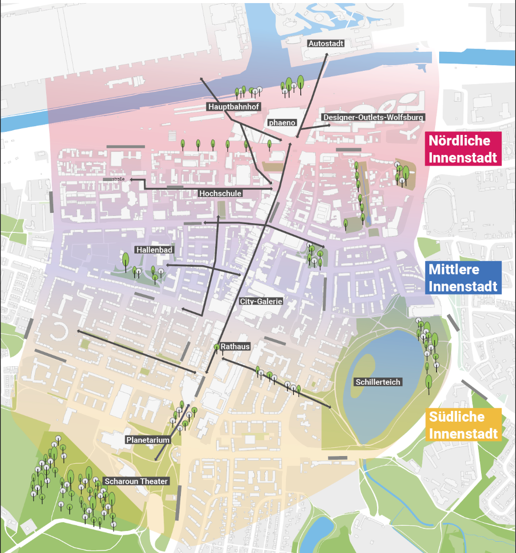 Overview map of the city center with the northern, central and southern city center areas